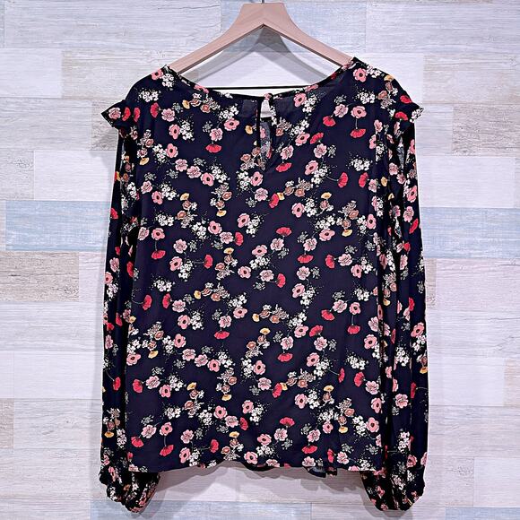 ELOQUII Elements Ruffle Detailed Blouse Black Floral Long Sleeve Woven Womens 16 - Picture 3 of 7